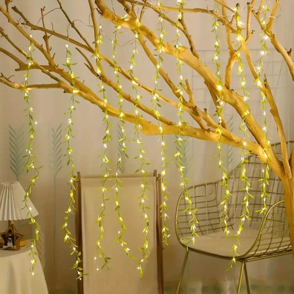 Always-On Willow Light – Imitation Leaf Decorative Wrought Iron Basket with Copper Wire LED String (Battery Powered)
