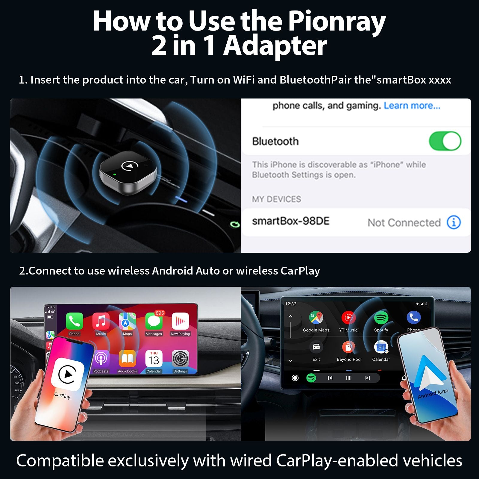 Pionray 2-in-1 Wireless CarPlay & Android Auto Adapter | For 99% of Cars