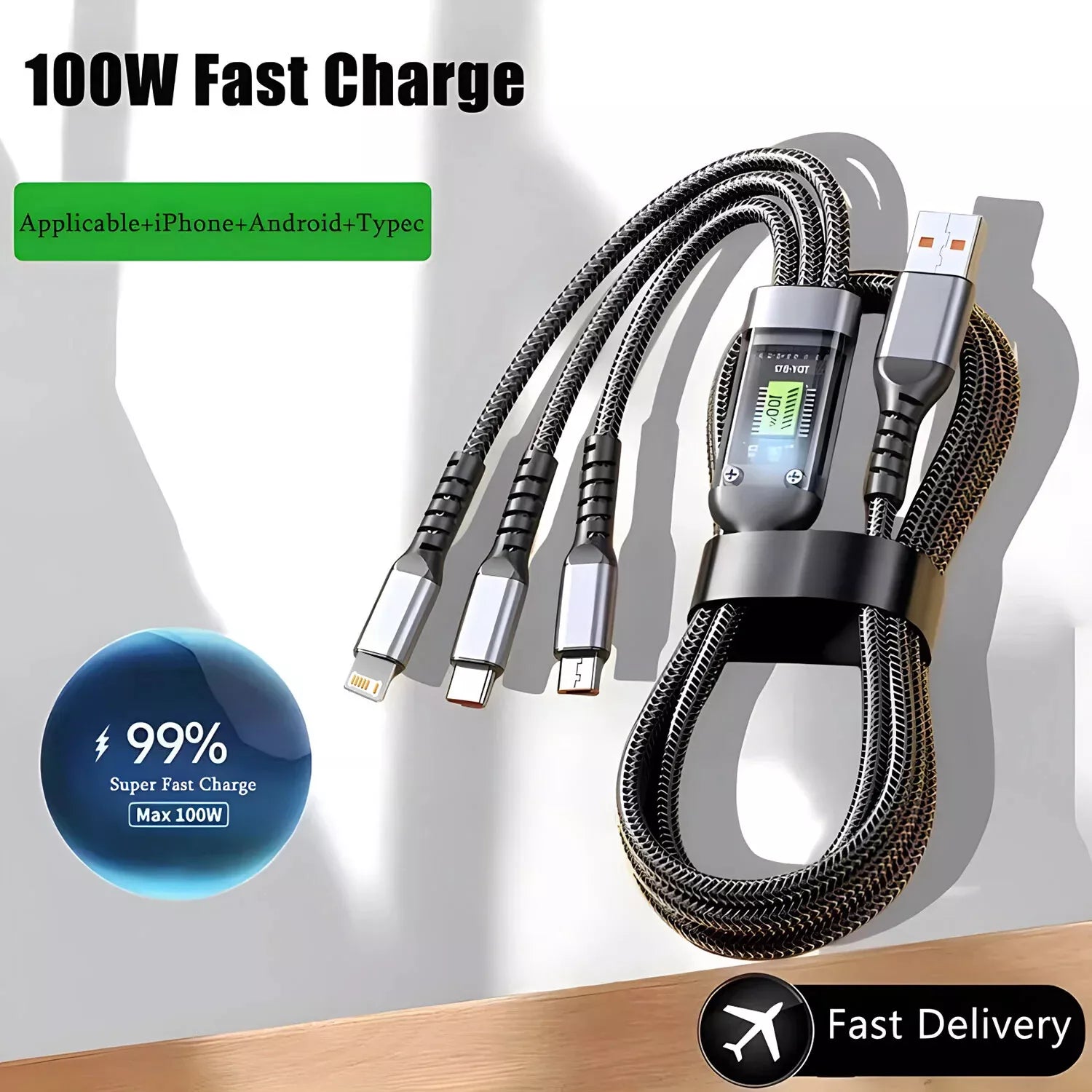 Luminous 3-in-1 Cable - 100W Fast-Charging with Digital Display