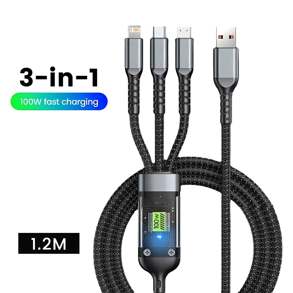 Luminous 3-in-1 Cable - 100W Fast-Charging with Digital Display