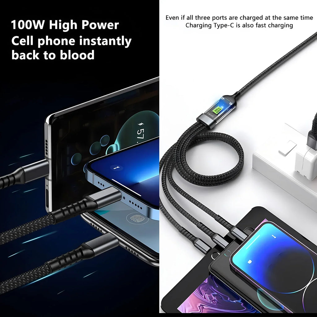 Luminous 3-in-1 Cable - 100W Fast-Charging with Digital Display