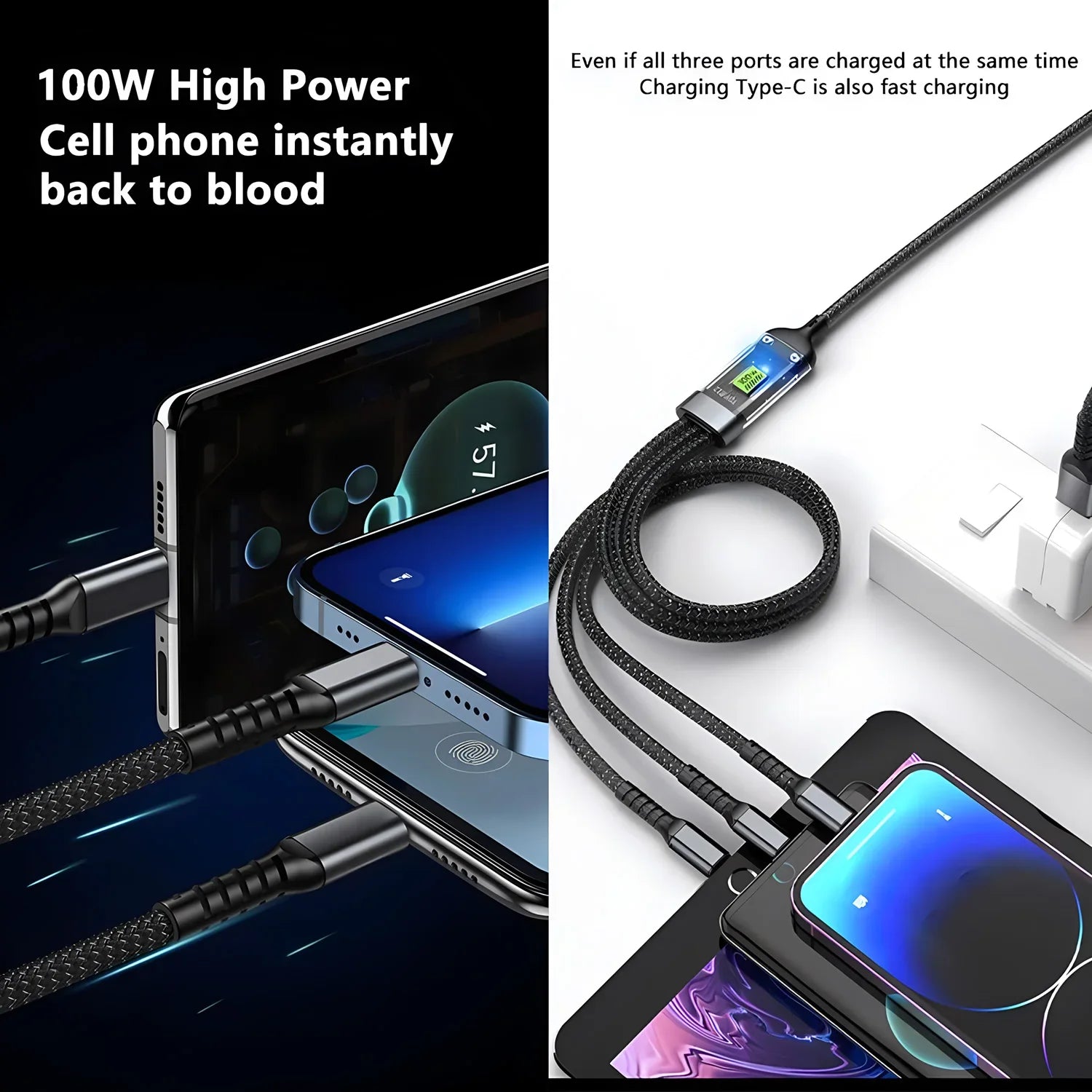 Luminous 3-in-1 Cable - 100W Fast-Charging with Digital Display