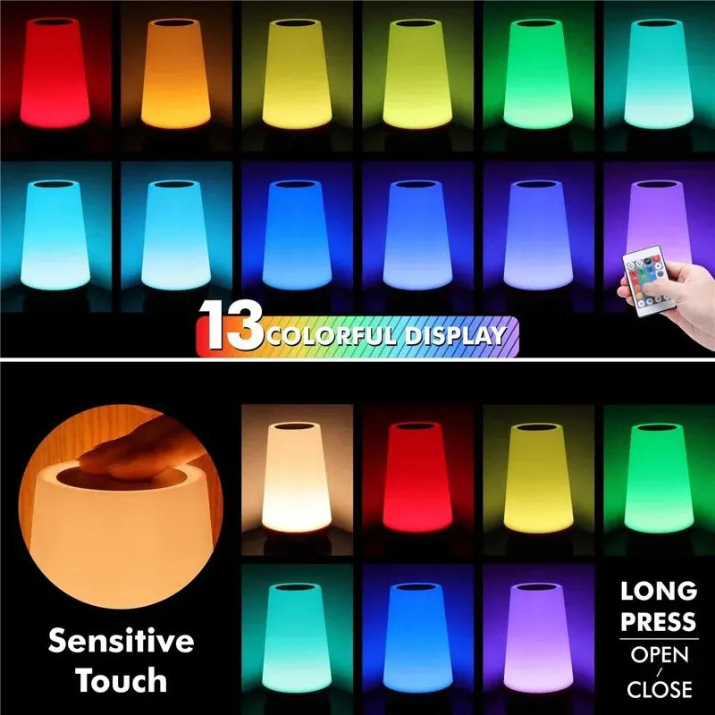 13-Color Changing Table Lamp – Touch Bedside Night Light with RGB Remote, Dimmable & USB Rechargeable for Bedroom or Room Décor