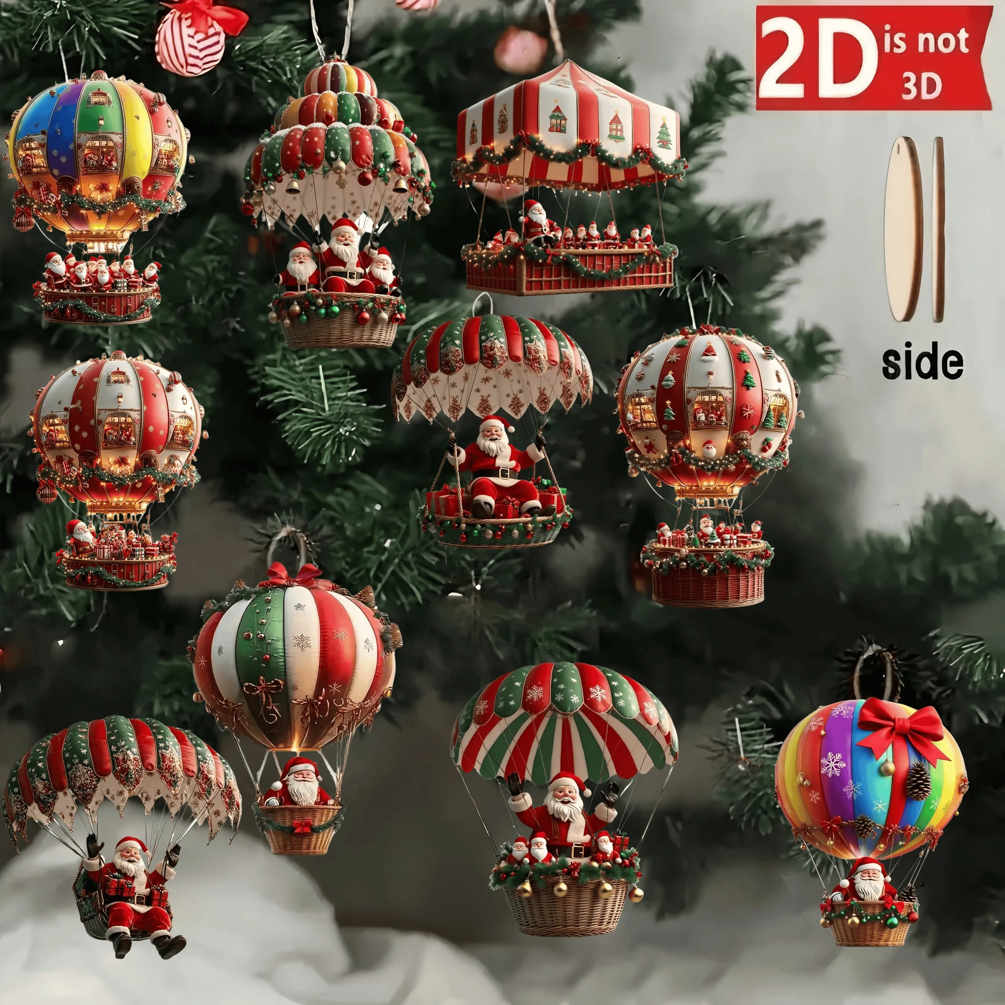 Wooden Hot Air Balloon Santa Claus Ornaments 10 pcs – 2D Flat Christmas Tree Hanging Decorations & Holiday Gift Set