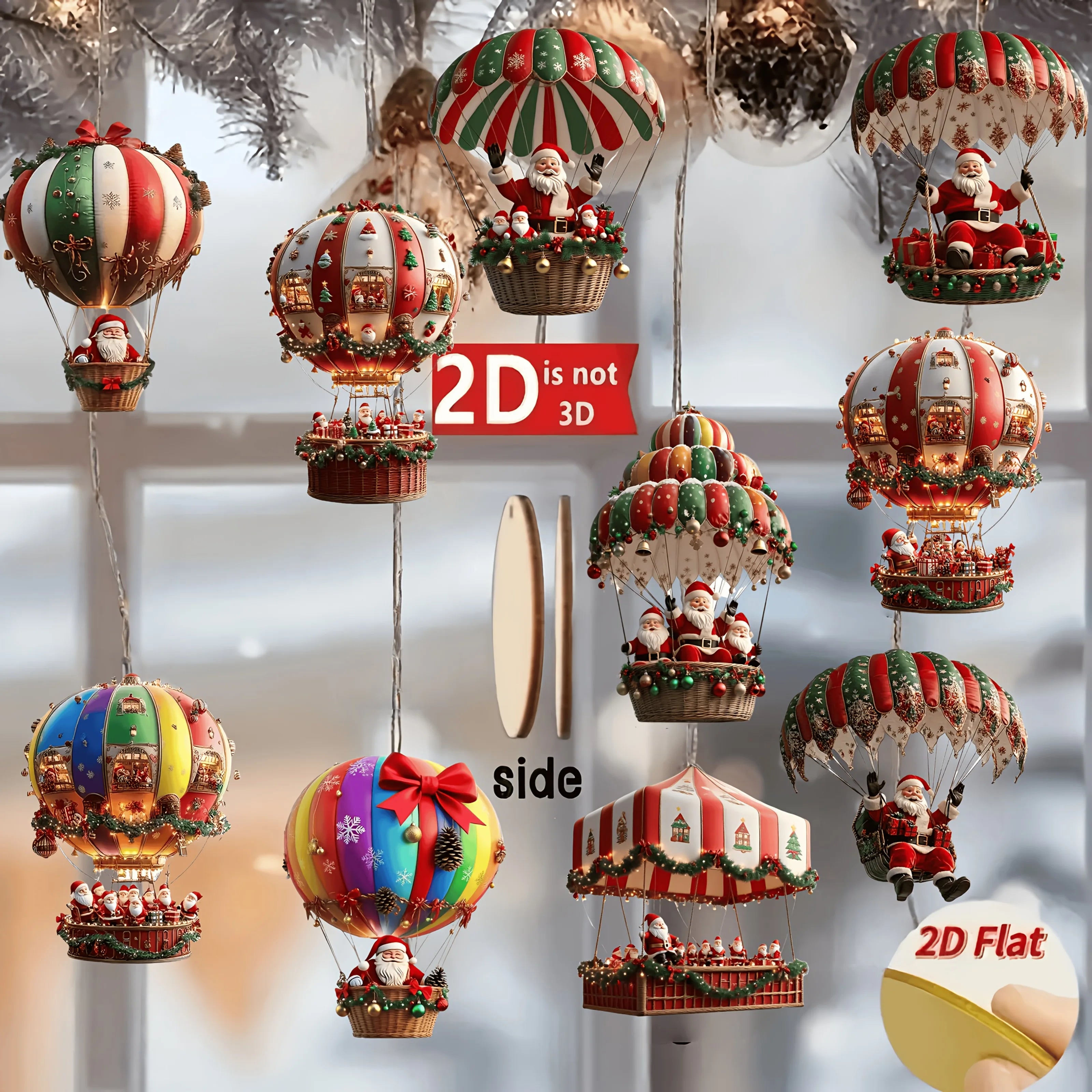 Wooden Hot Air Balloon Santa Claus Ornaments 10 pcs – 2D Flat Christmas Tree Hanging Decorations & Holiday Gift Set
