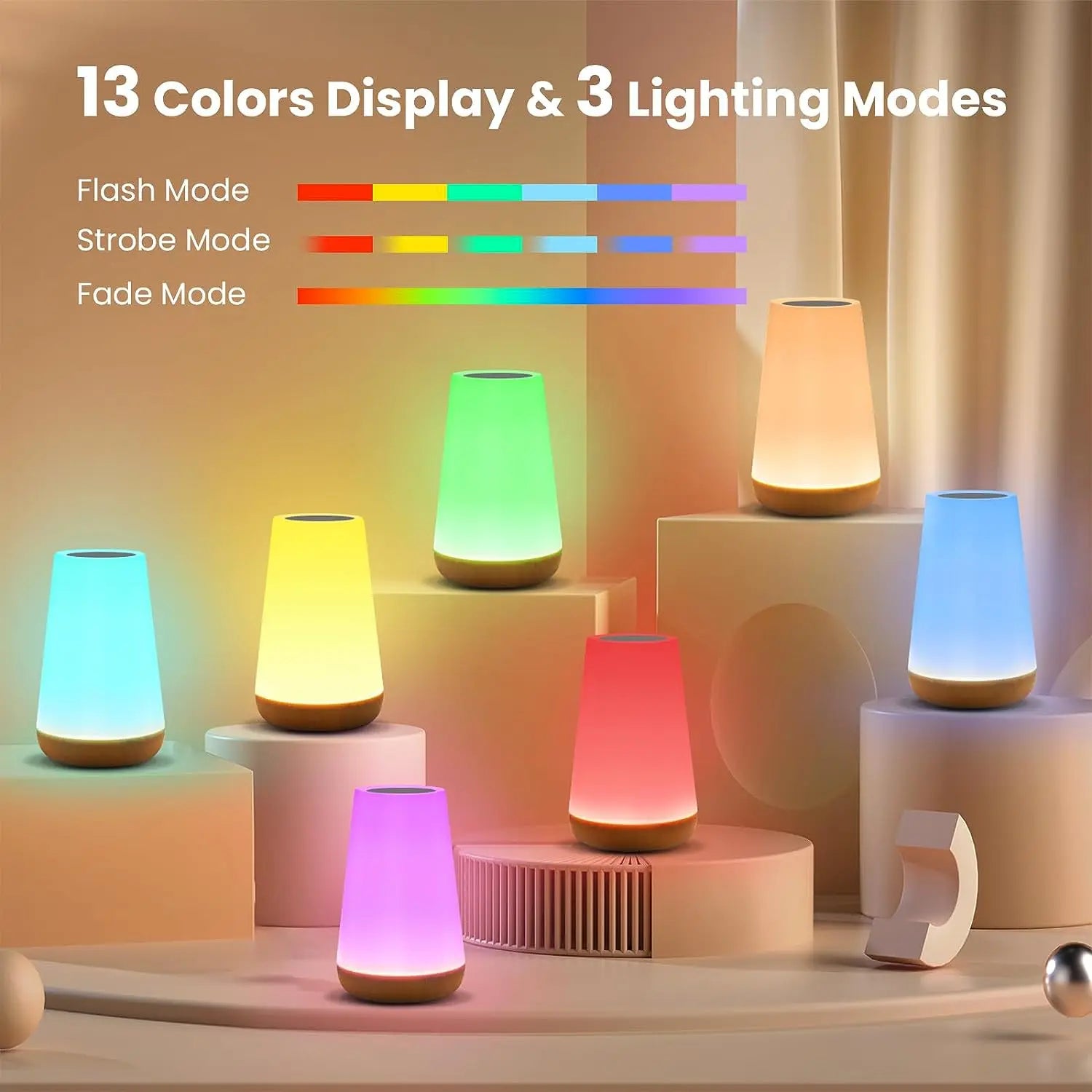 13-Color Changing Table Lamp – Touch Bedside Night Light with RGB Remote, Dimmable & USB Rechargeable for Bedroom or Room Décor