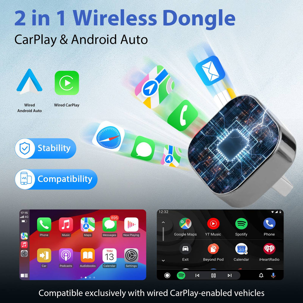Pionray 2-in-1 Wireless CarPlay & Android Auto Adapter | For 99% of Cars